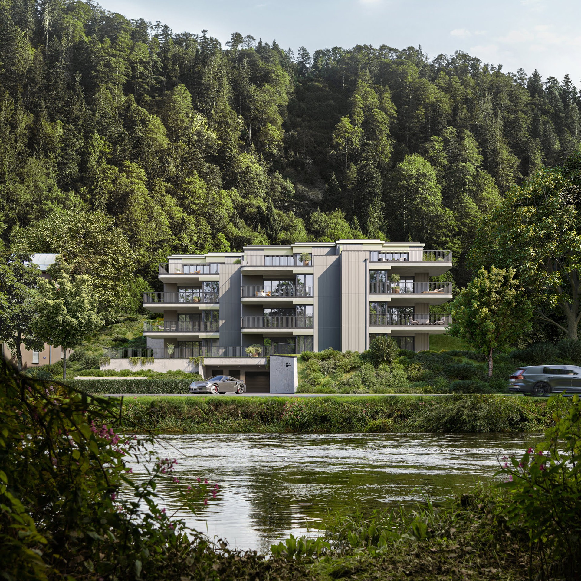 Außenraumvisualisierung von einem exklusiven Mehrfamilienhaus in Winterthur