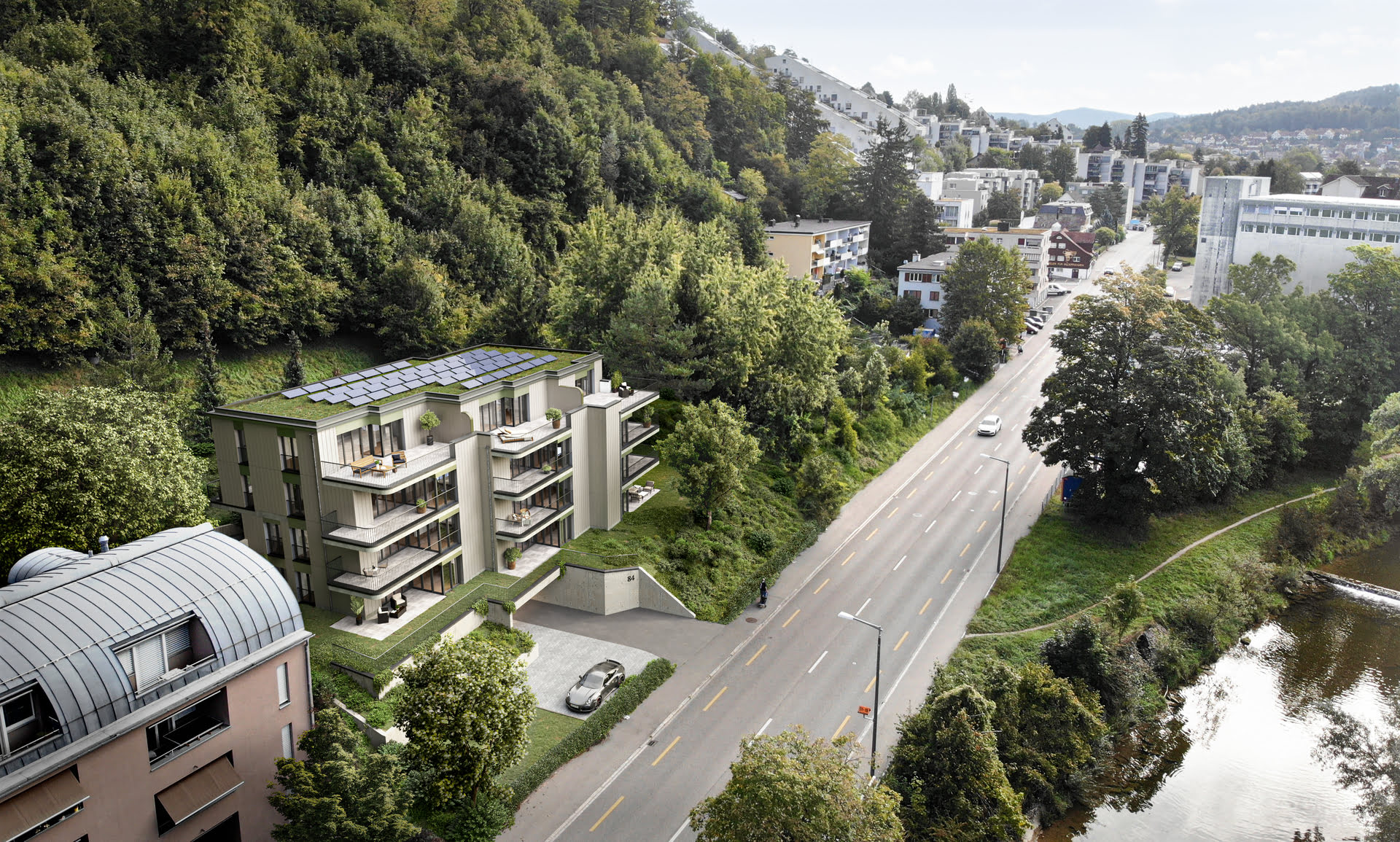 Außenraumvisualisierung aus Vogelperspektive von einem Wohngebäude in Winterthur