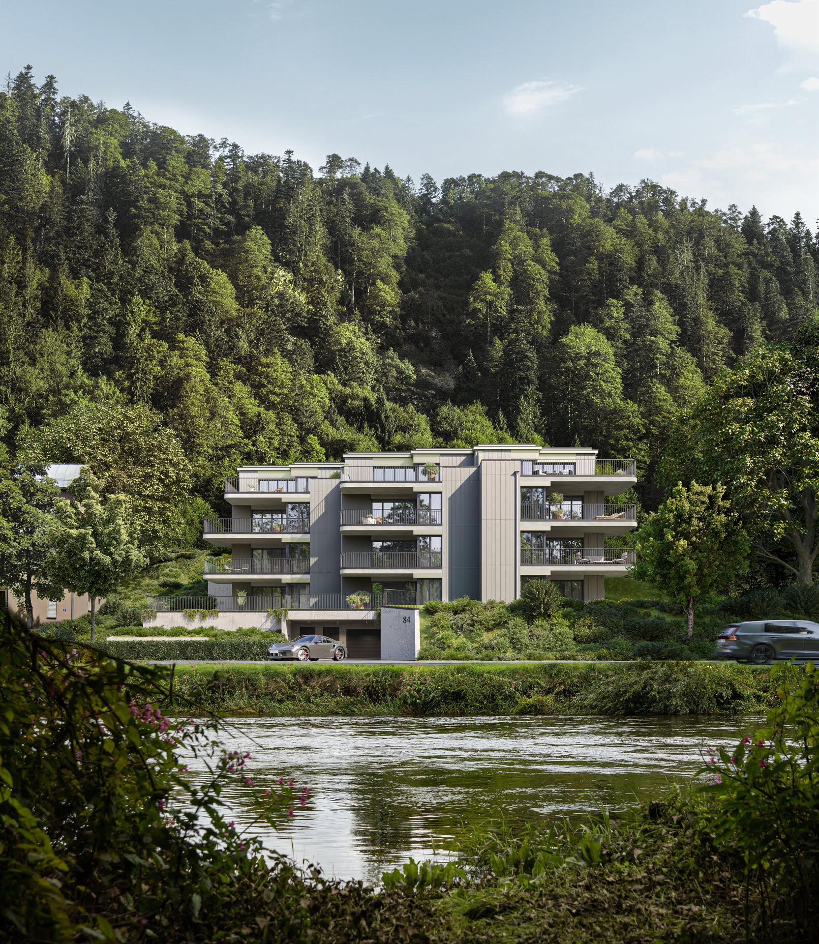 Architekturvisualisierung von einem Mehrfamilienhaus an einem Fluss in der Schweiz